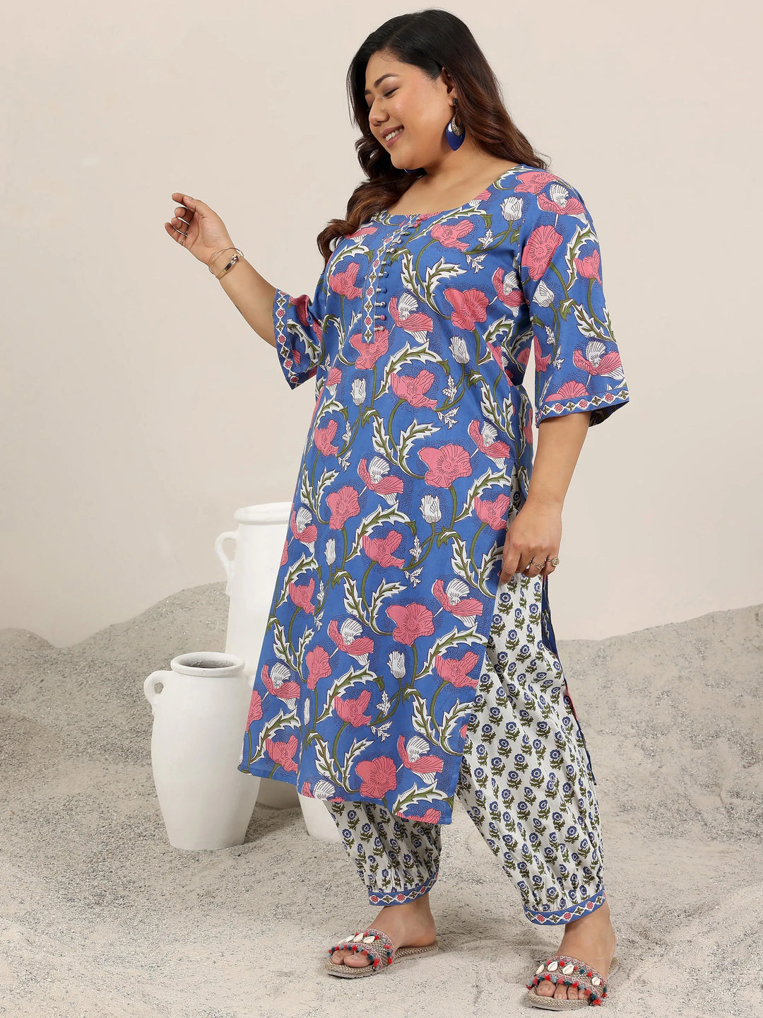  Plus Size Blue Printed Cotton Straight Suit Set With Dupatta 