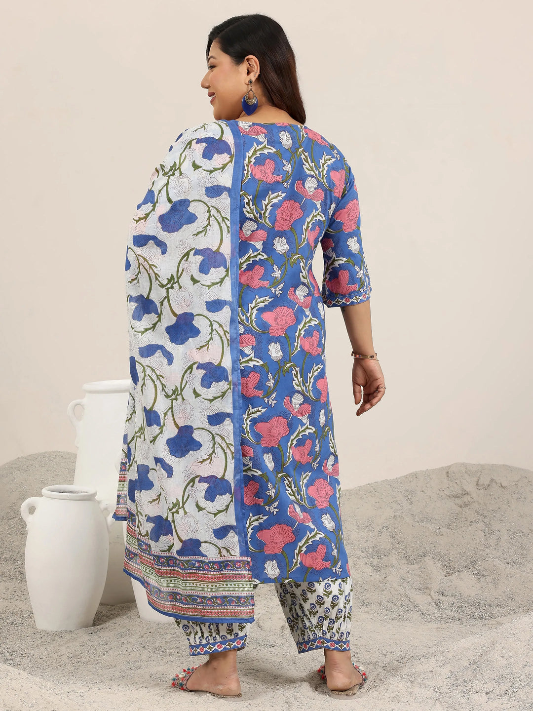  Plus Size Blue Printed Cotton Straight Suit Set With Dupatta 