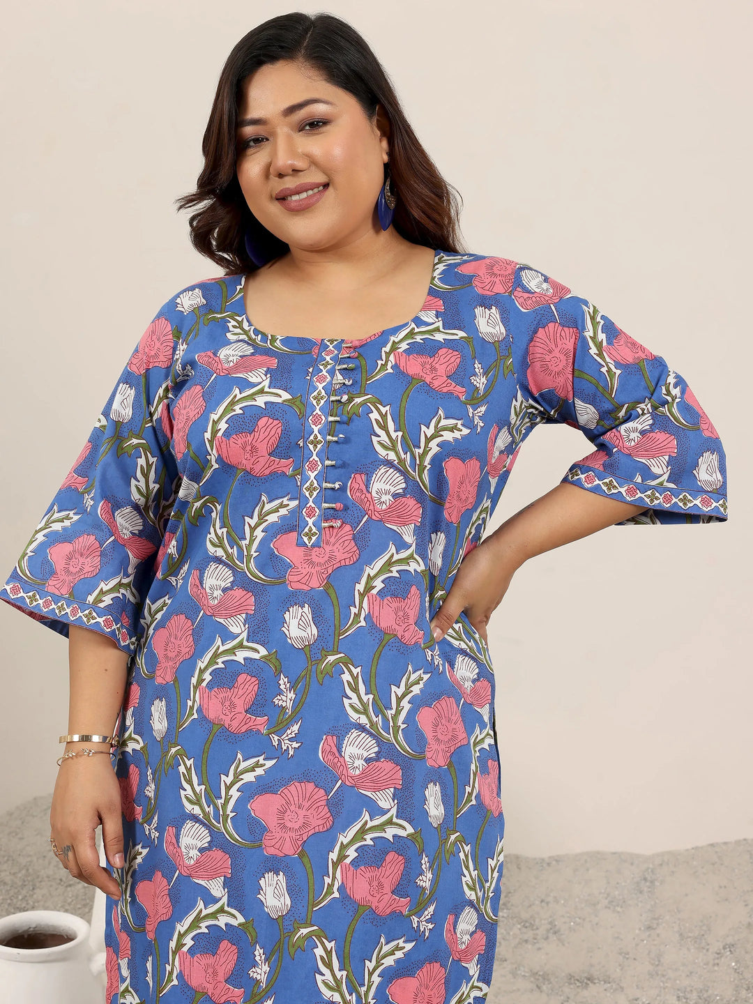  Plus Size Blue Printed Cotton Straight Suit Set With Dupatta 