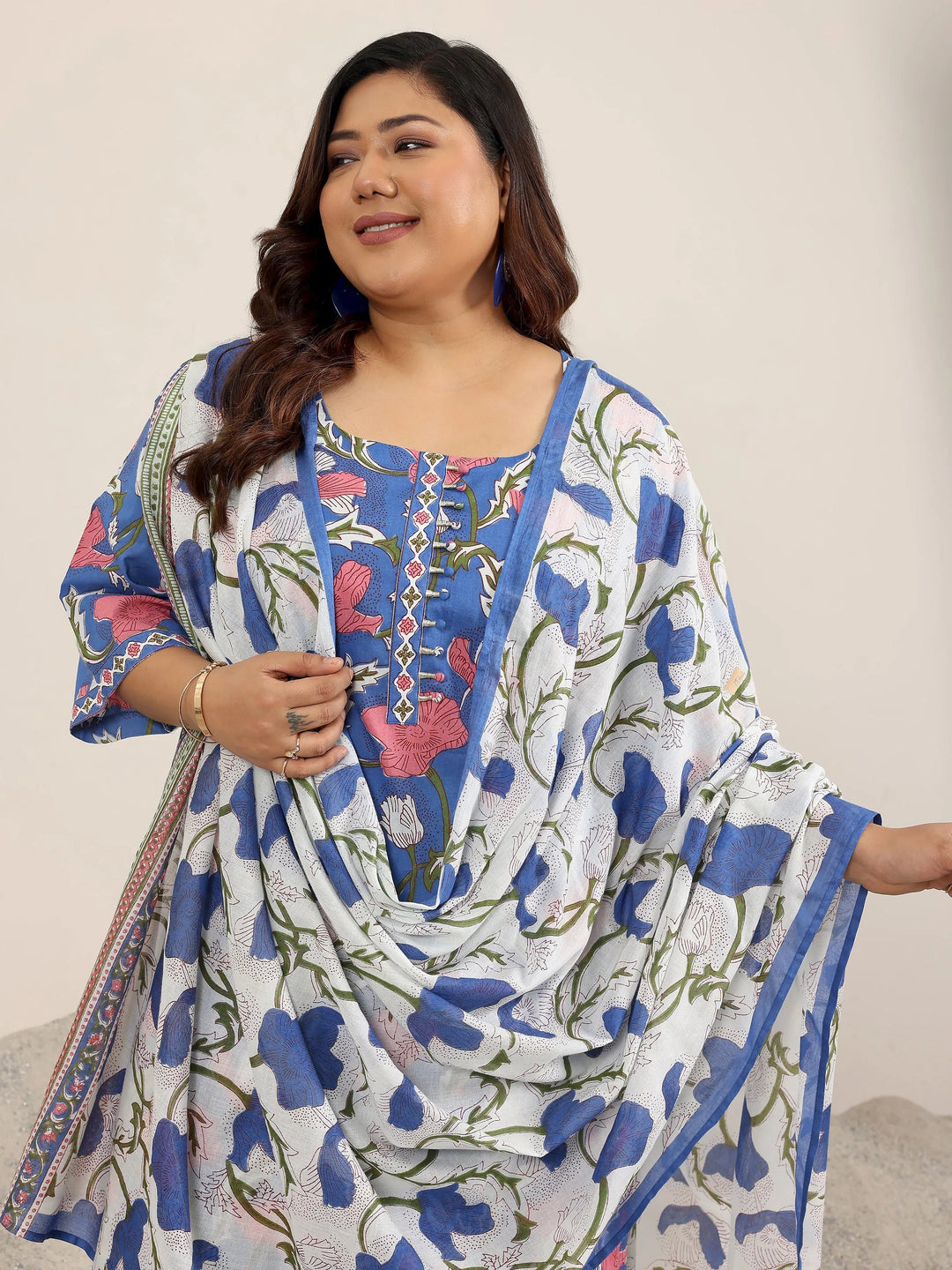  Plus Size Blue Printed Cotton Straight Suit Set With Dupatta 