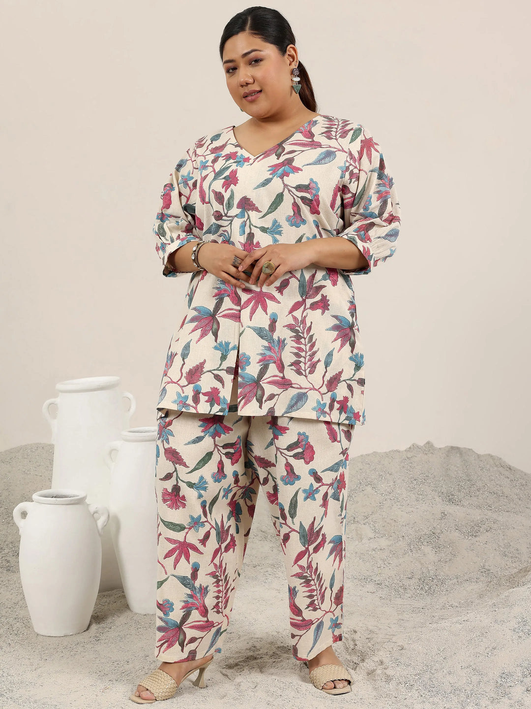Plus Size Off White Printed Cotton Co-Ord Sets