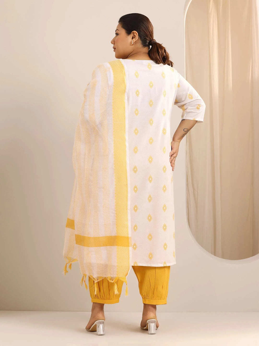  Plus Size Off White Woven Design Cotton Blend Suit Set With Dupatta 