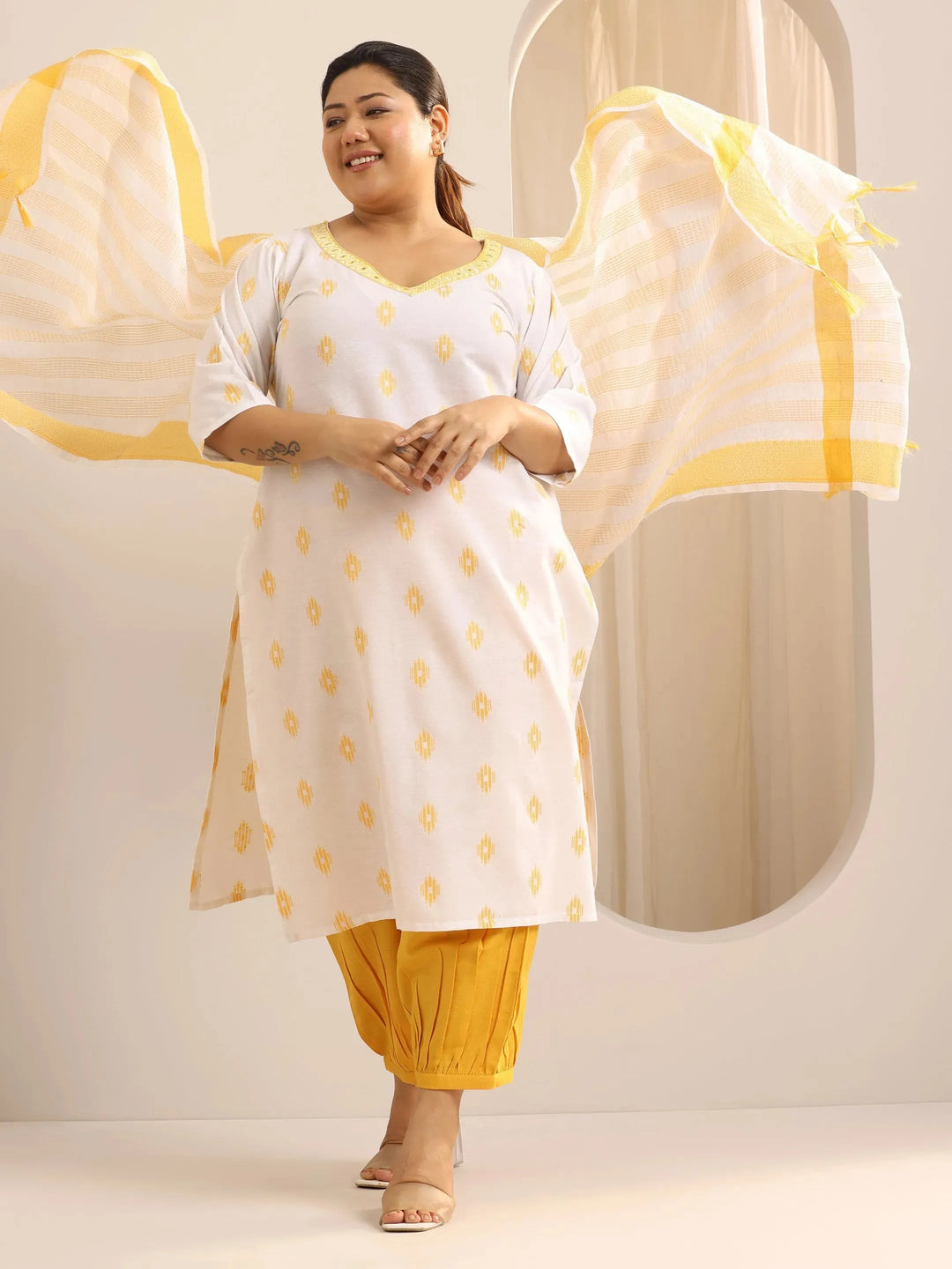  Plus Size Off White Woven Design Cotton Blend Suit Set With Dupatta 
