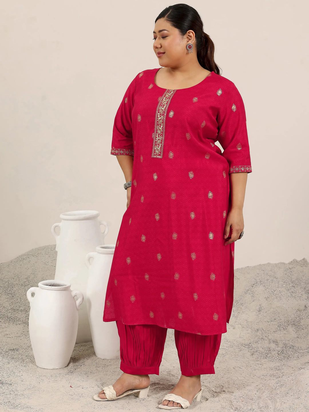  Plus Size Red Printed Silk Blend Straight Suit Set With Dupatta 