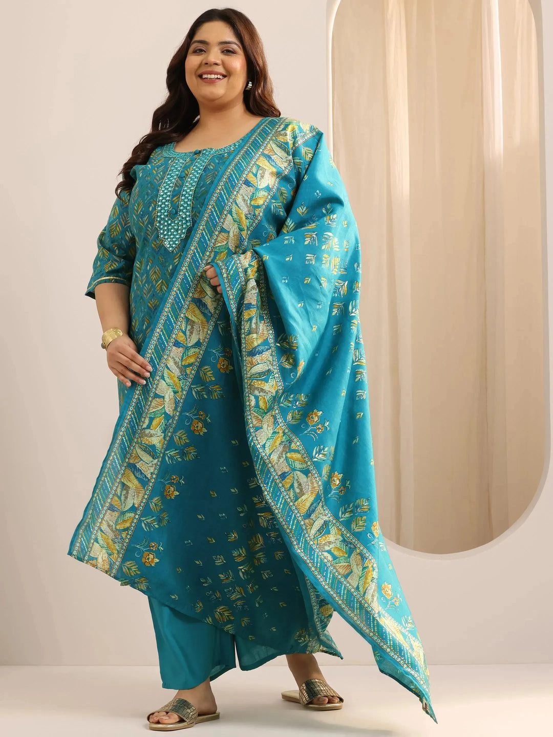  Plus Size Blue Printed Silk Blend Straight Suit Set With Dupatta 