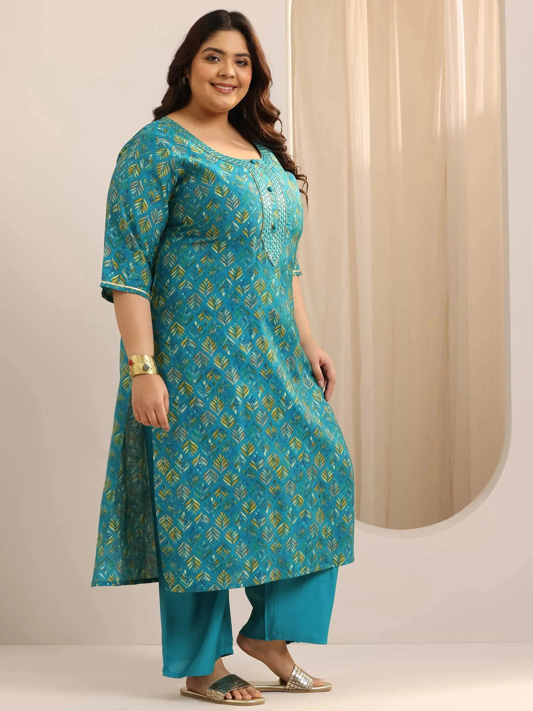  Plus Size Blue Printed Silk Blend Straight Suit Set With Dupatta 