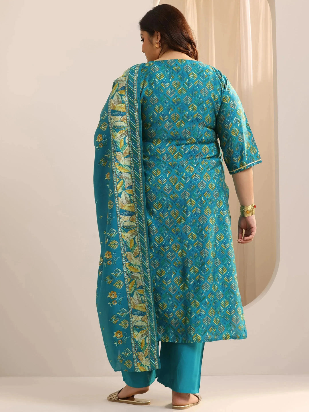  Plus Size Blue Printed Silk Blend Straight Suit Set With Dupatta 