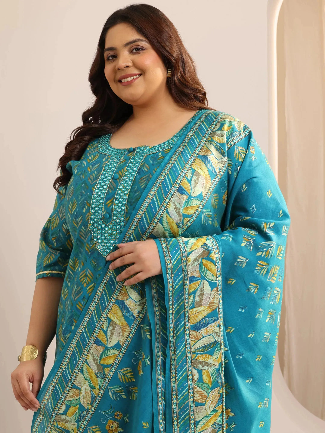  Plus Size Blue Printed Silk Blend Straight Suit Set With Dupatta 