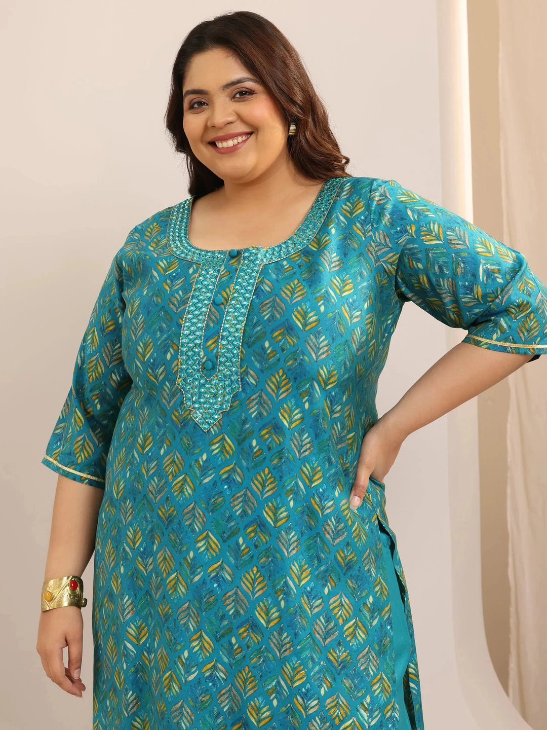  Plus Size Blue Printed Silk Blend Straight Suit Set With Dupatta 
