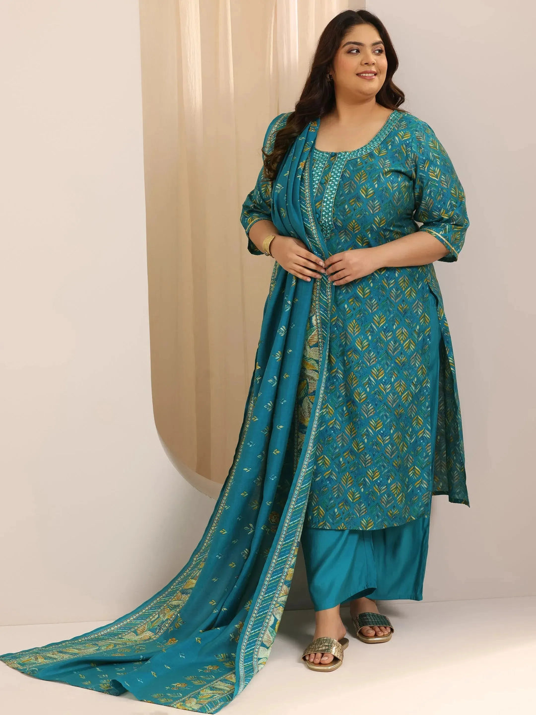 Plus Size Blue Printed Silk Blend Straight Suit Set With Dupatta