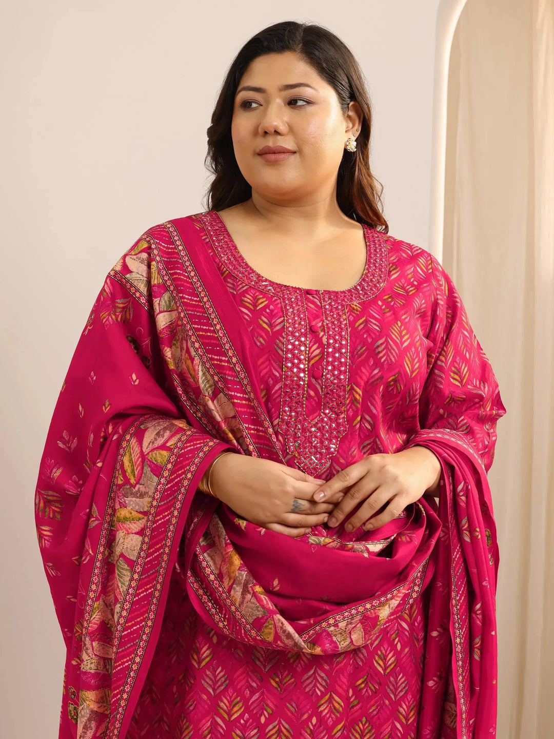  Plus Size Pink Printed Silk Blend Straight Suit Set With Dupatta 