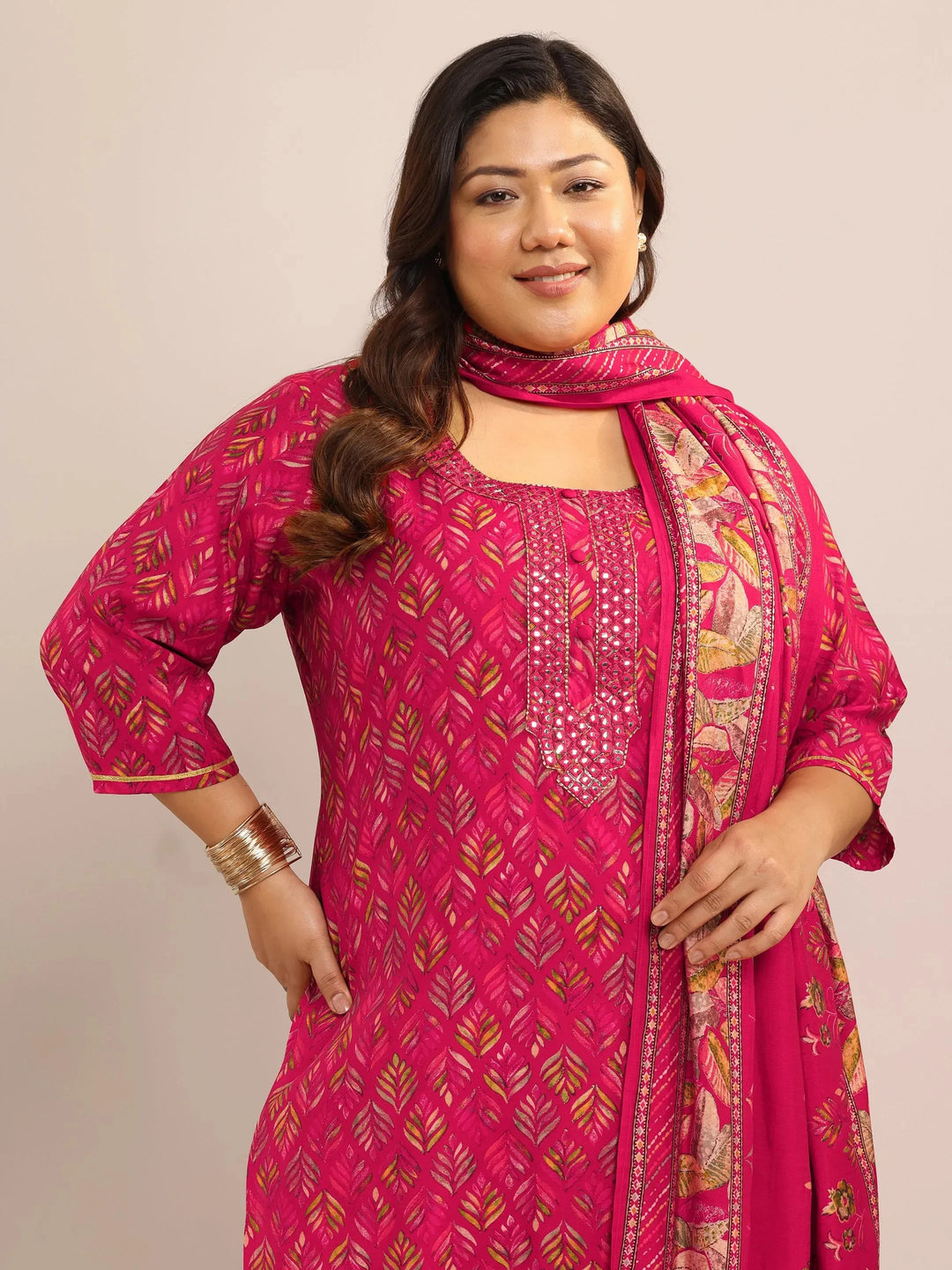 Plus Size Pink Printed Silk Blend Straight Suit Set With Dupatta