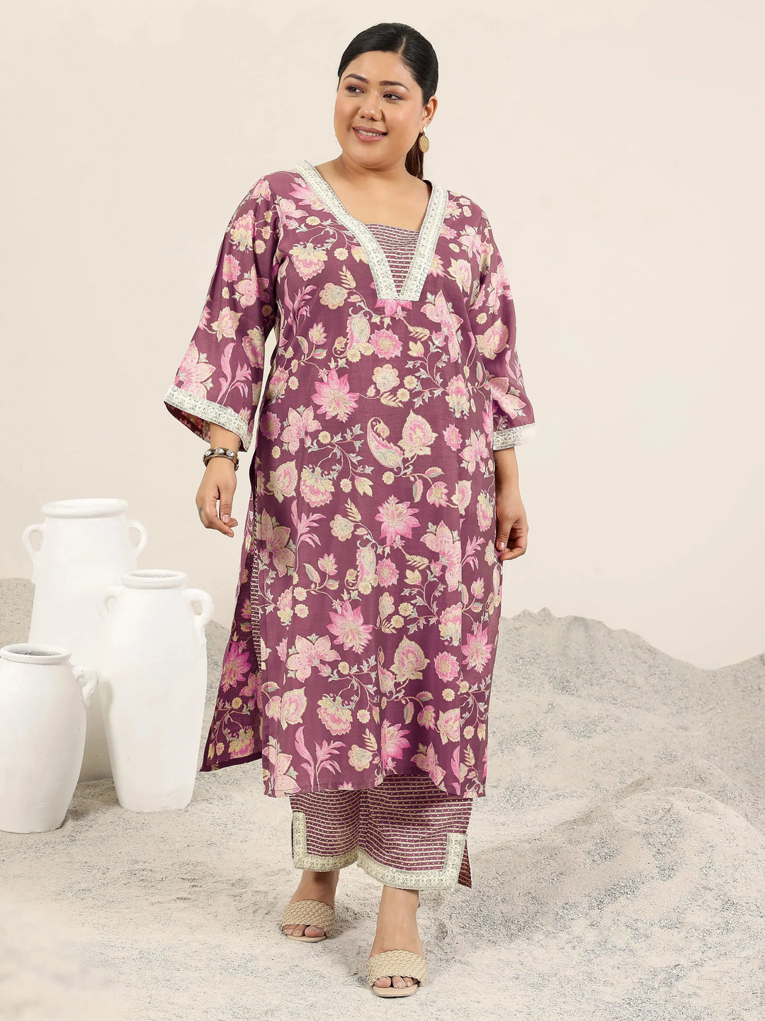  Plus Size Mauve Printed Silk Blend Straight Kurta Set 