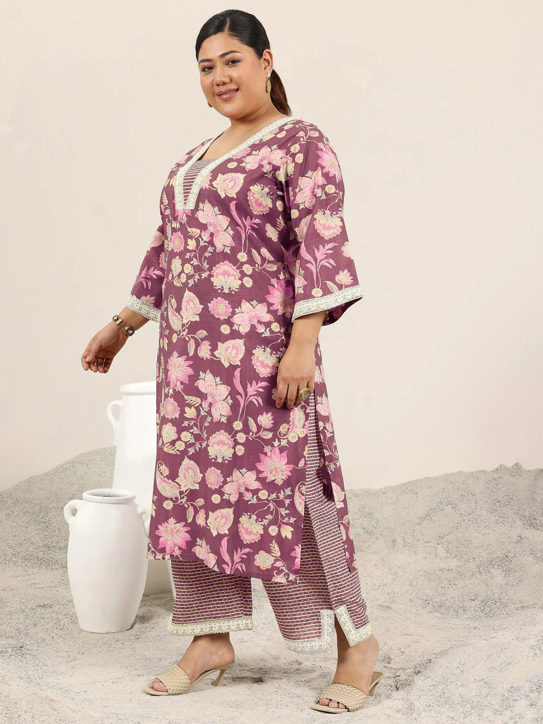  Plus Size Mauve Printed Silk Blend Straight Kurta Set 