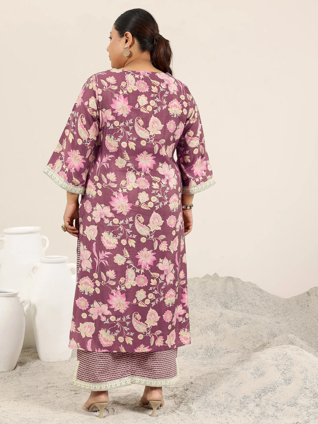  Plus Size Mauve Printed Silk Blend Straight Kurta Set 