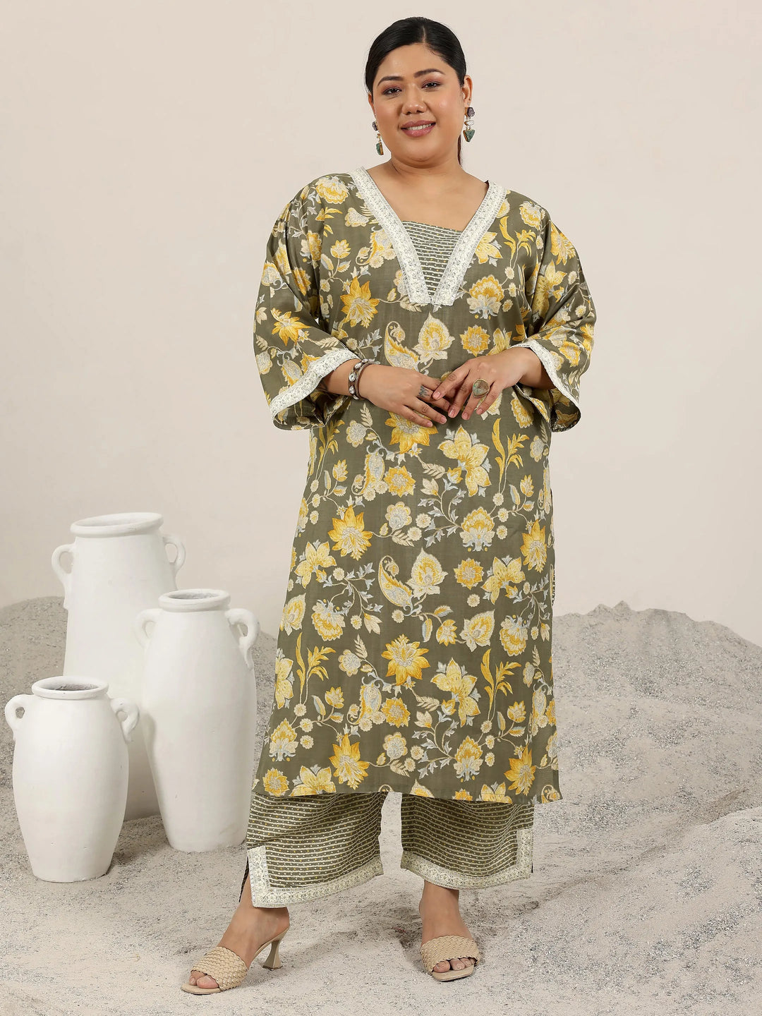  Plus Size Grey Printed Silk Blend Straight Kurta Set 