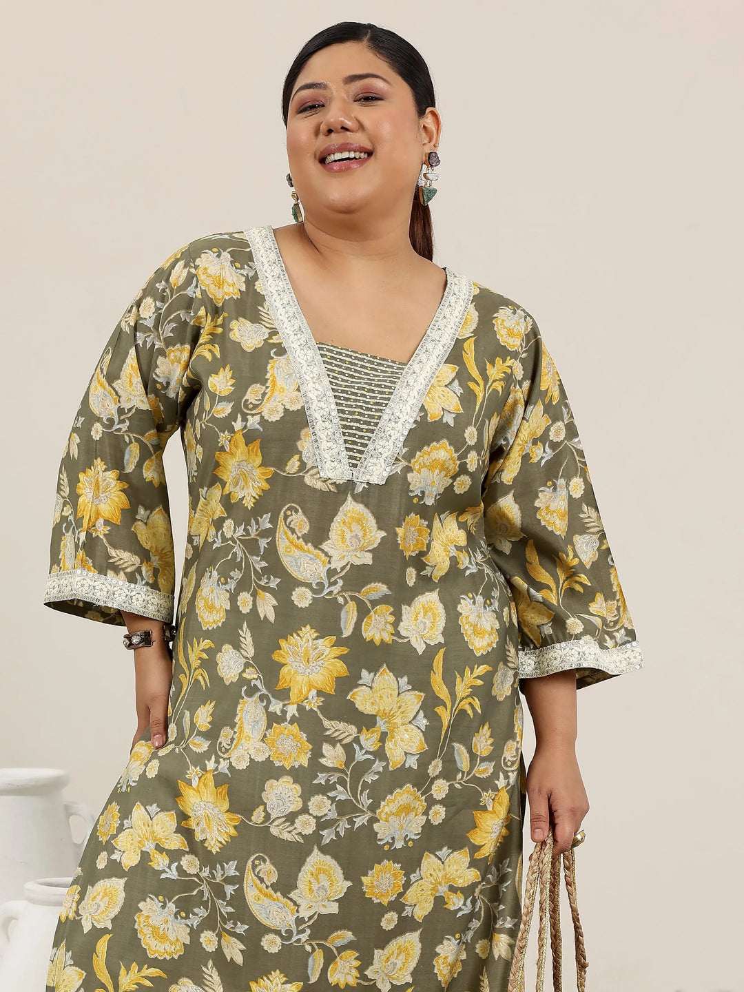  Plus Size Grey Printed Silk Blend Straight Kurta Set 