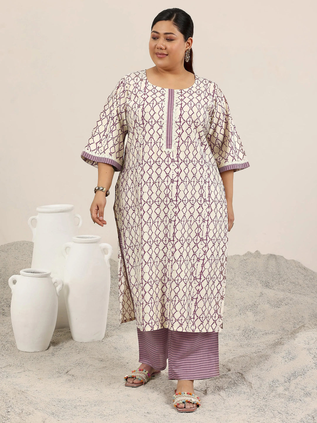  Plus Size Off White Printed Silk Blend Straight Kurta Set 