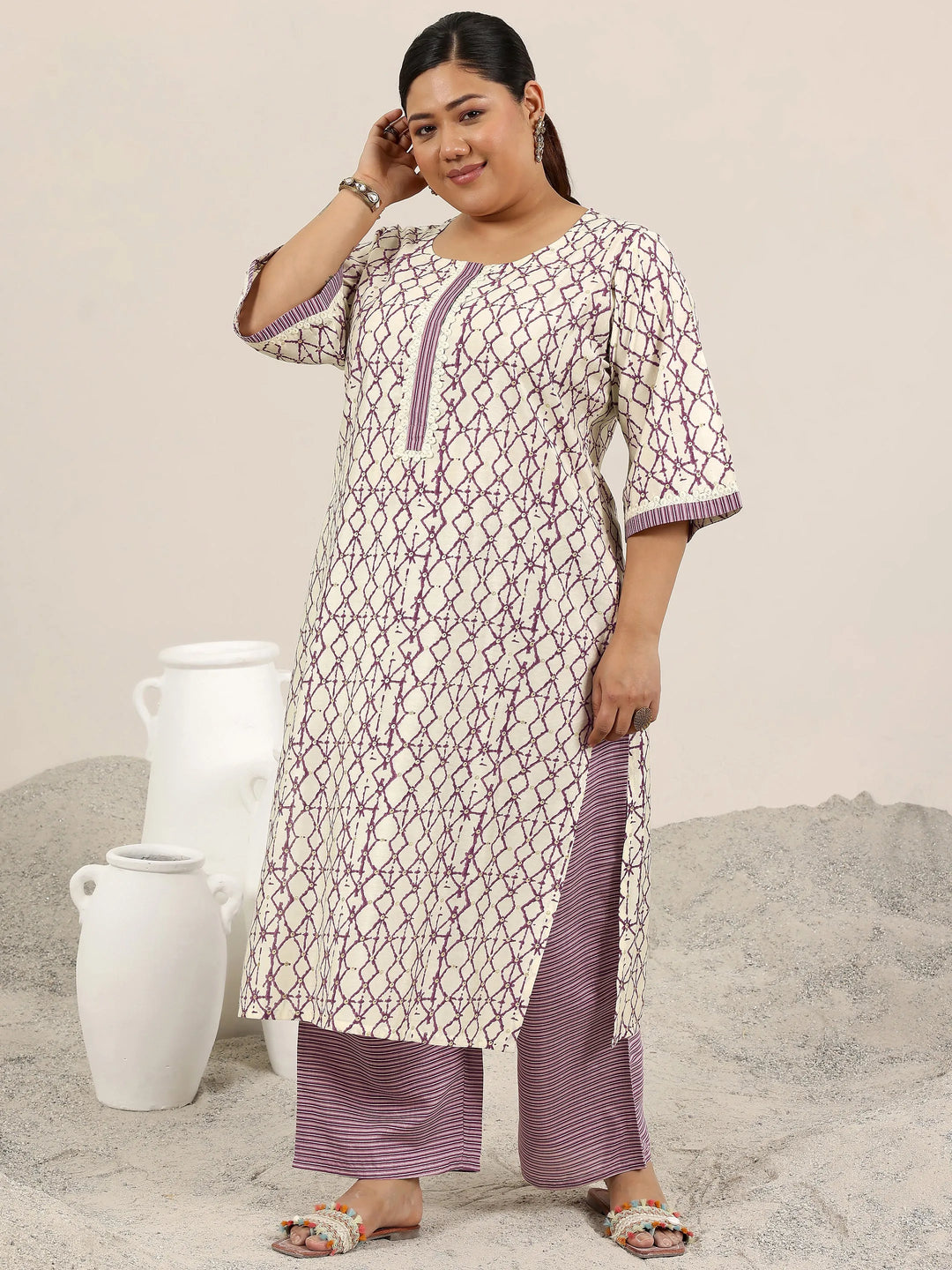  Plus Size Off White Printed Silk Blend Straight Kurta Set 