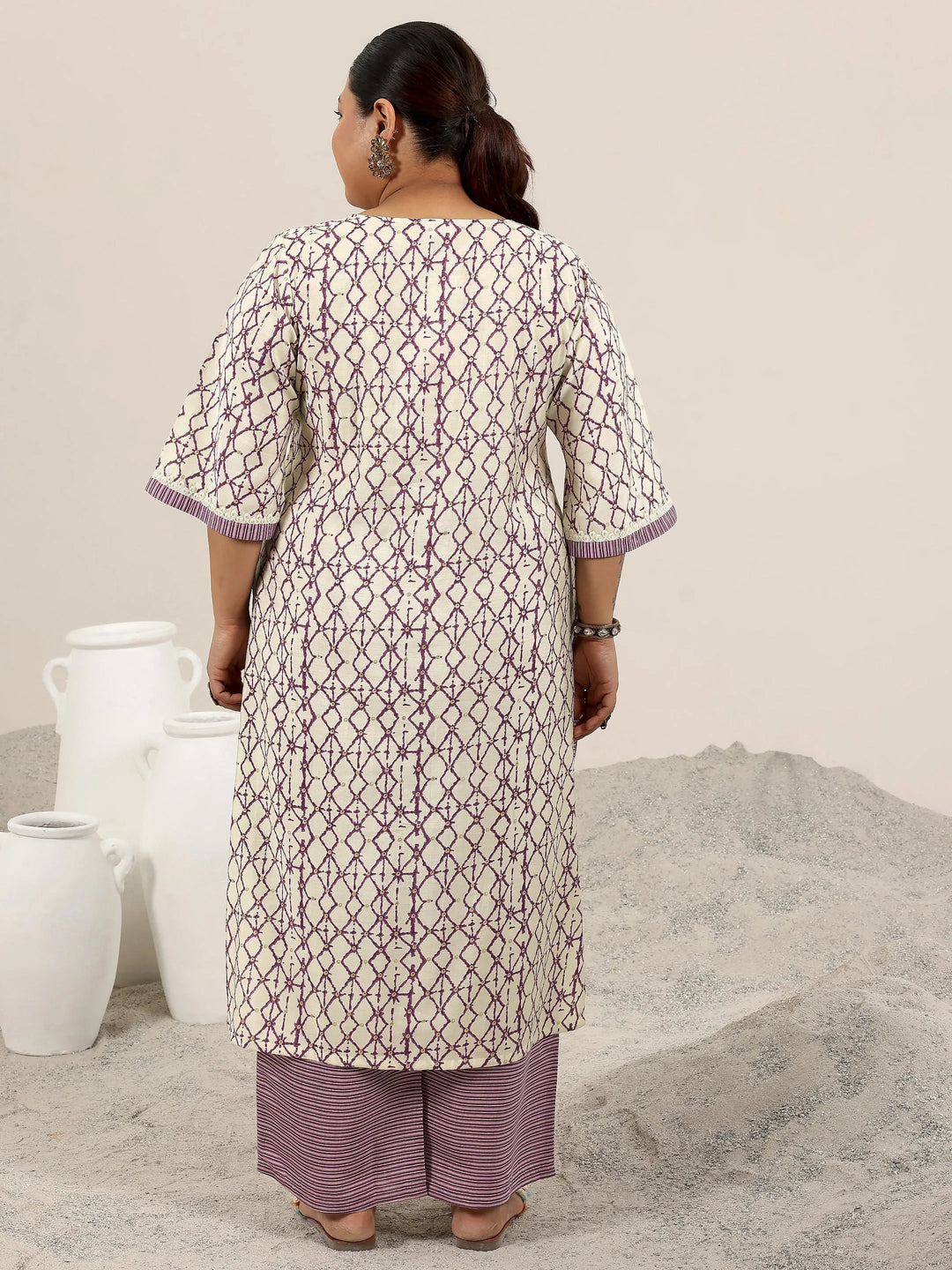  Plus Size Off White Printed Silk Blend Straight Kurta Set 