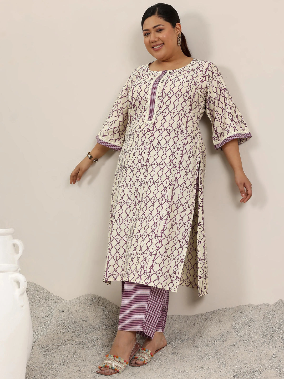 Plus Size Off White Printed Silk Blend Straight Kurta Set