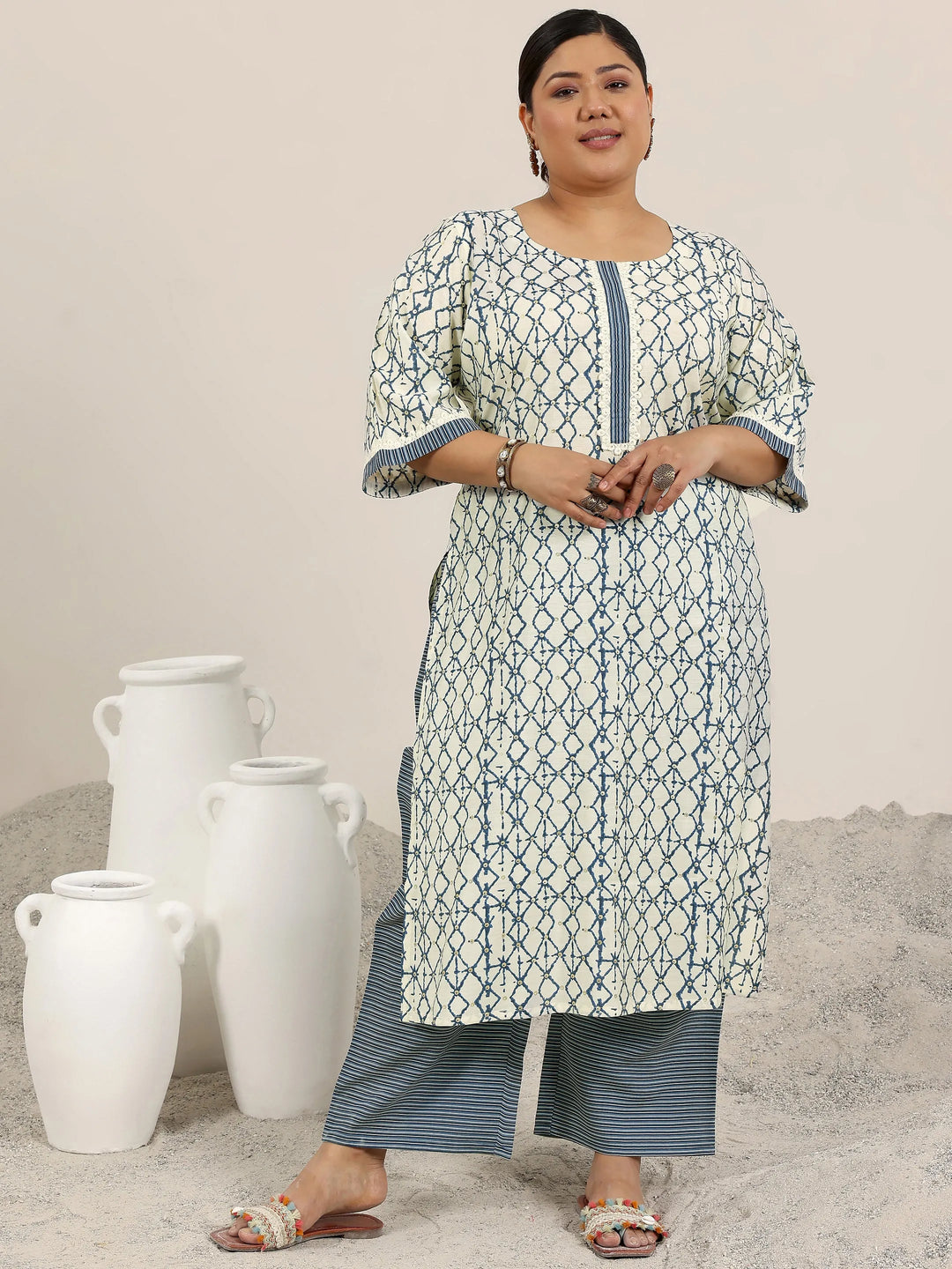  Plus Size Off White Printed Silk Blend Straight Kurta Set 