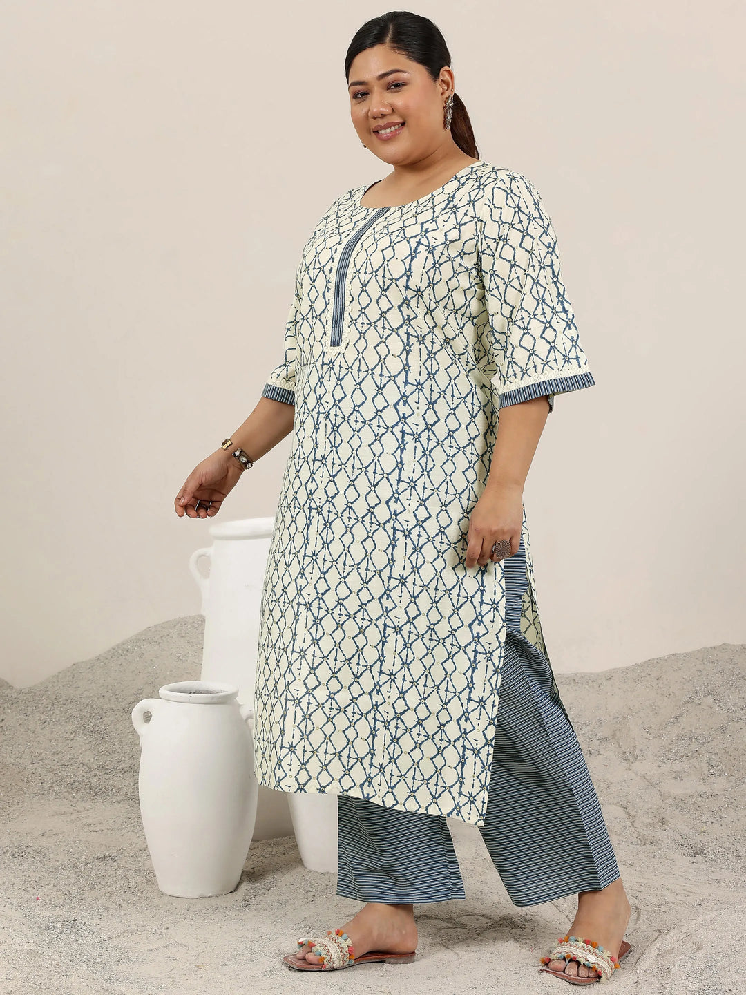  Plus Size Off White Printed Silk Blend Straight Kurta Set 