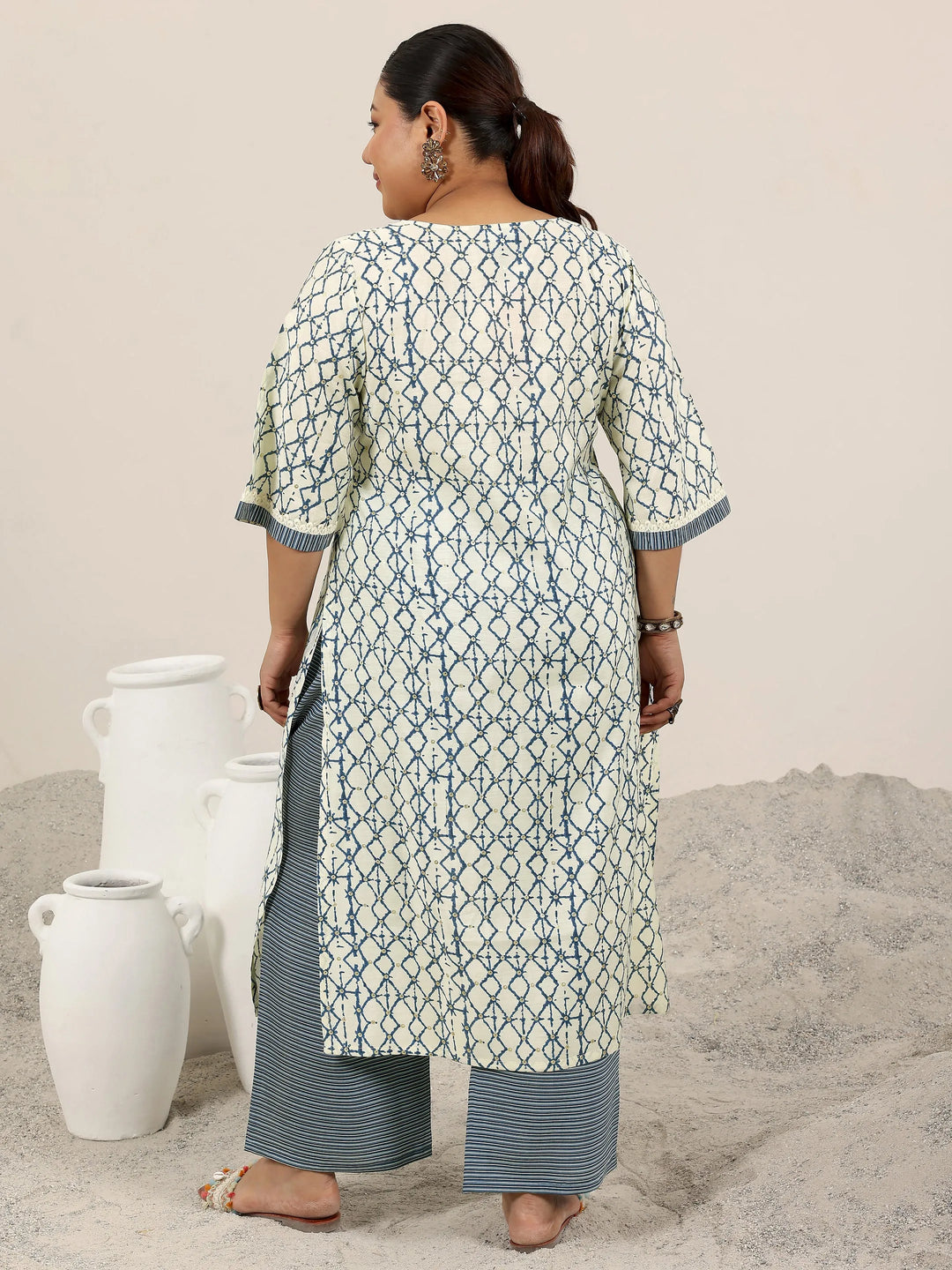  Plus Size Off White Printed Silk Blend Straight Kurta Set 