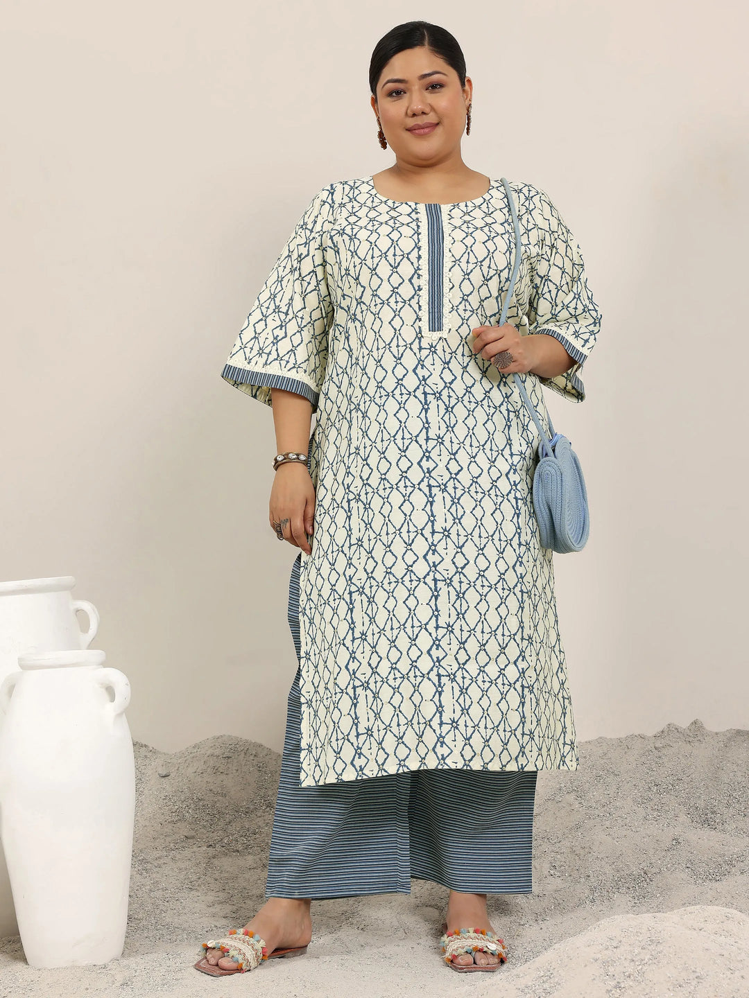 Plus Size Off White Printed Silk Blend Straight Kurta Set