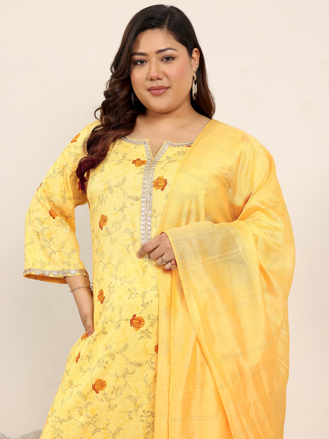  Plus Size Yellow Printed Cotton Blend Straight Suit Set With Dupatta 
