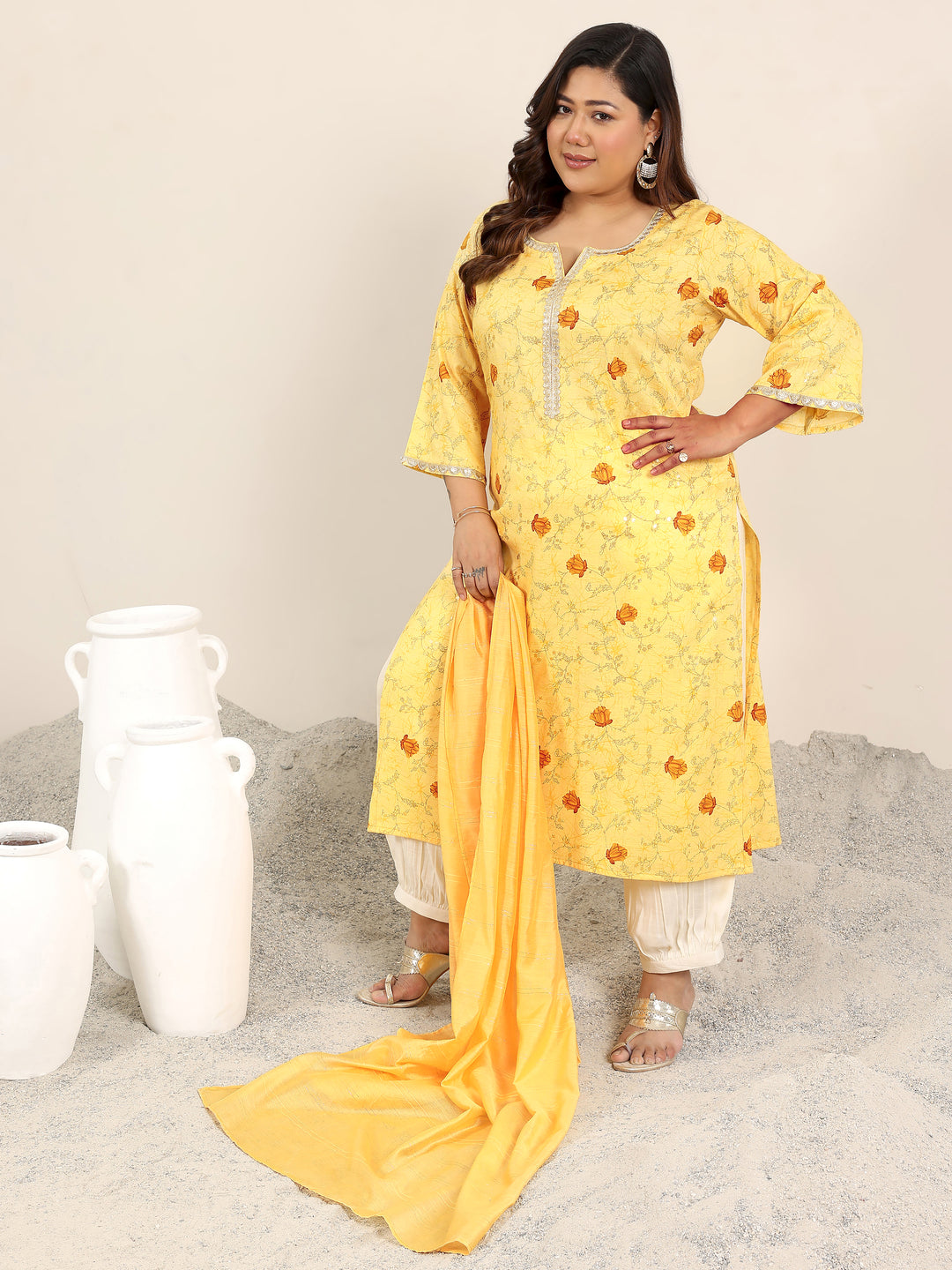  Plus Size Yellow Printed Cotton Blend Straight Suit Set With Dupatta 