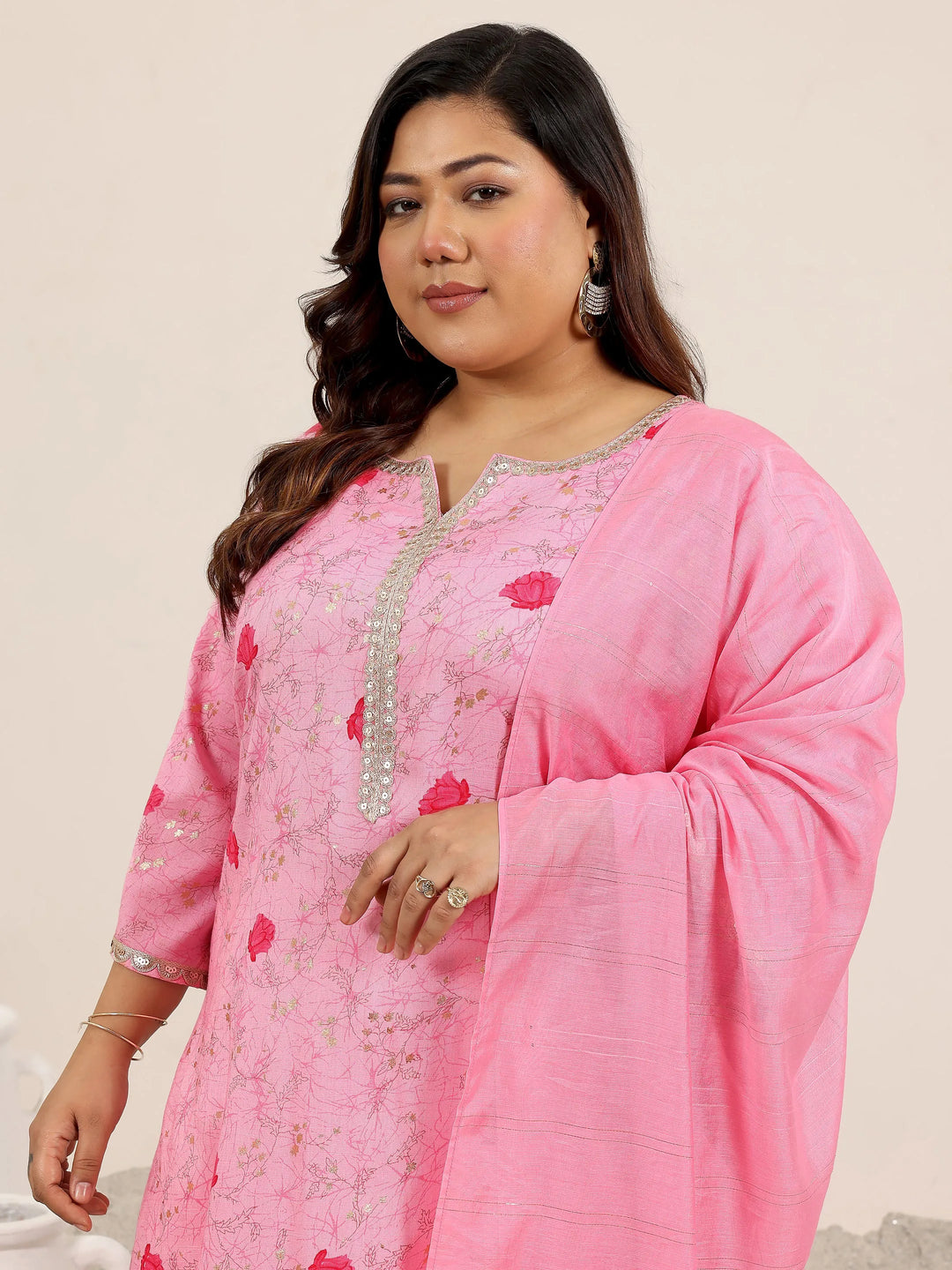  Plus Size Pink Printed Cotton Blend Straight Suit Set With Dupatta 