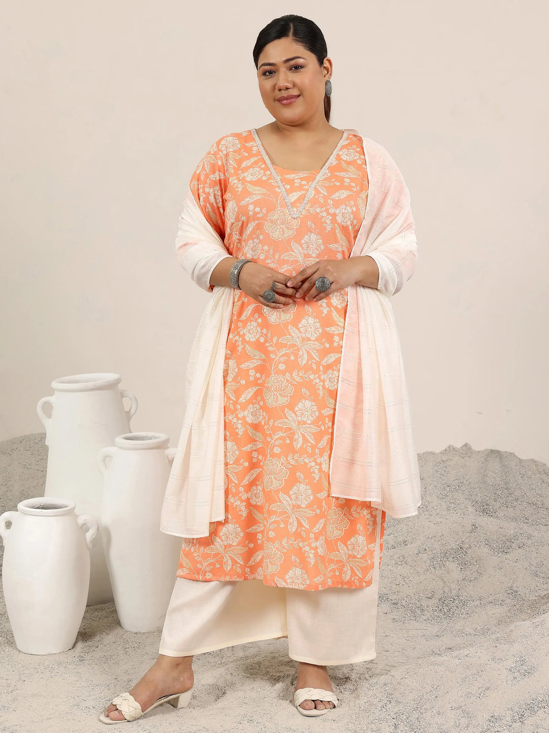 Plus Size Orange Printed Cotton Blend Straight Suit Set With Dupatta