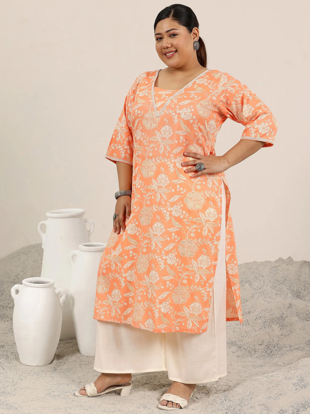  Plus Size Orange Printed Cotton Blend Straight Suit Set With Dupatta 