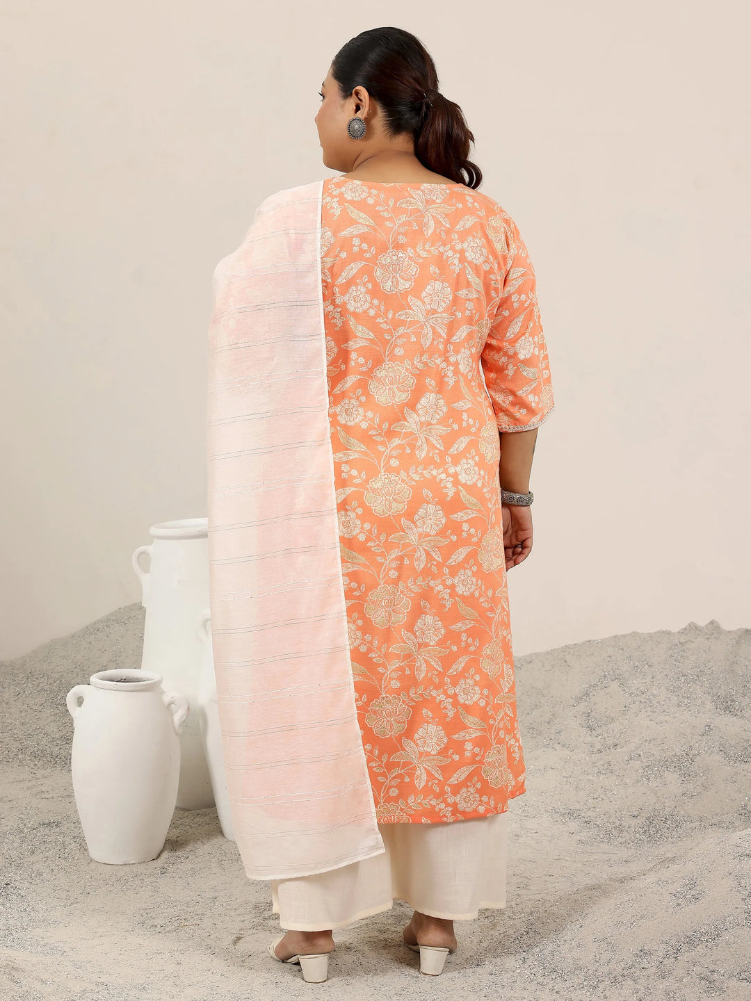  Plus Size Orange Printed Cotton Blend Straight Suit Set With Dupatta 