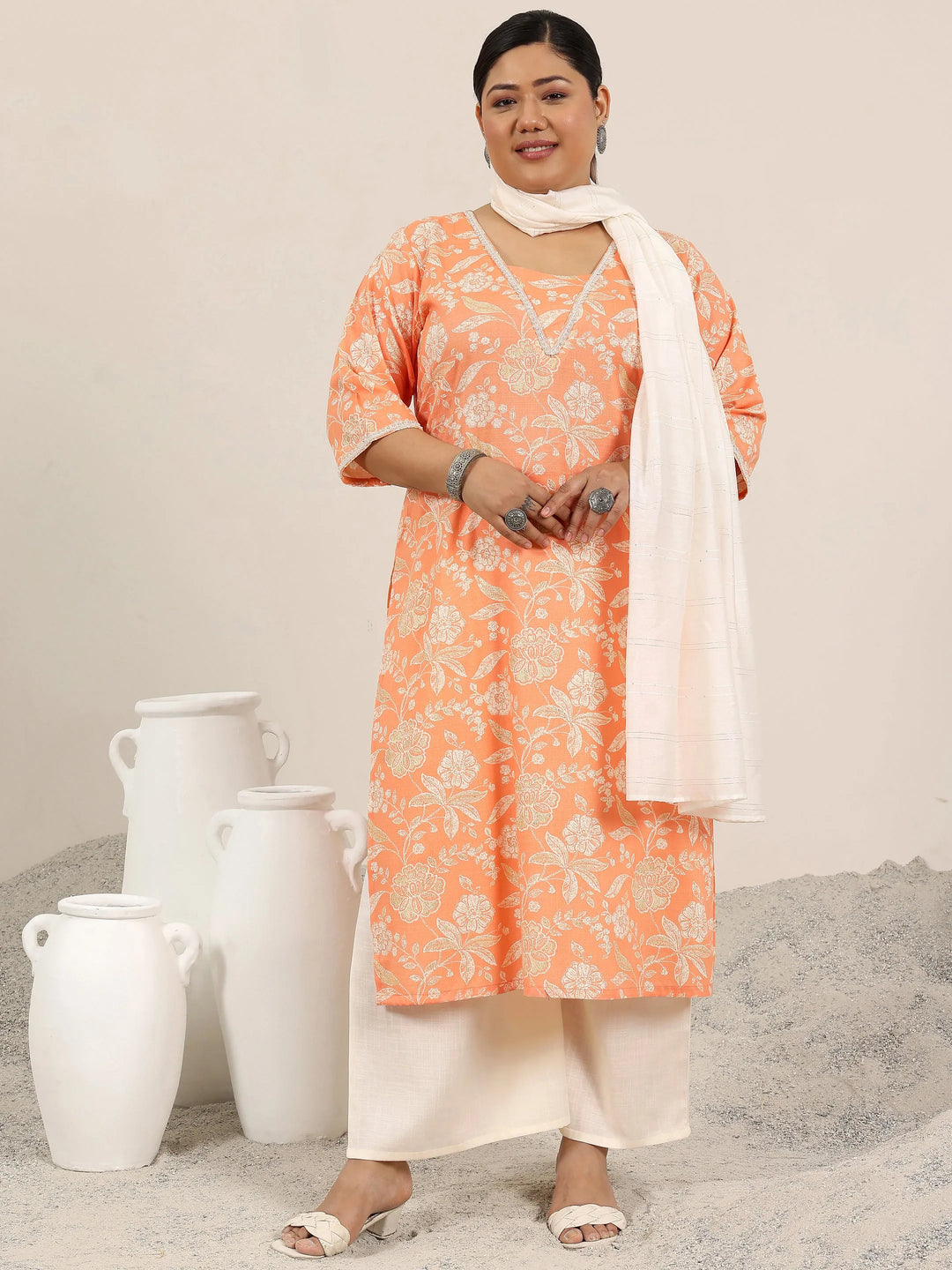  Plus Size Orange Printed Cotton Blend Straight Suit Set With Dupatta 