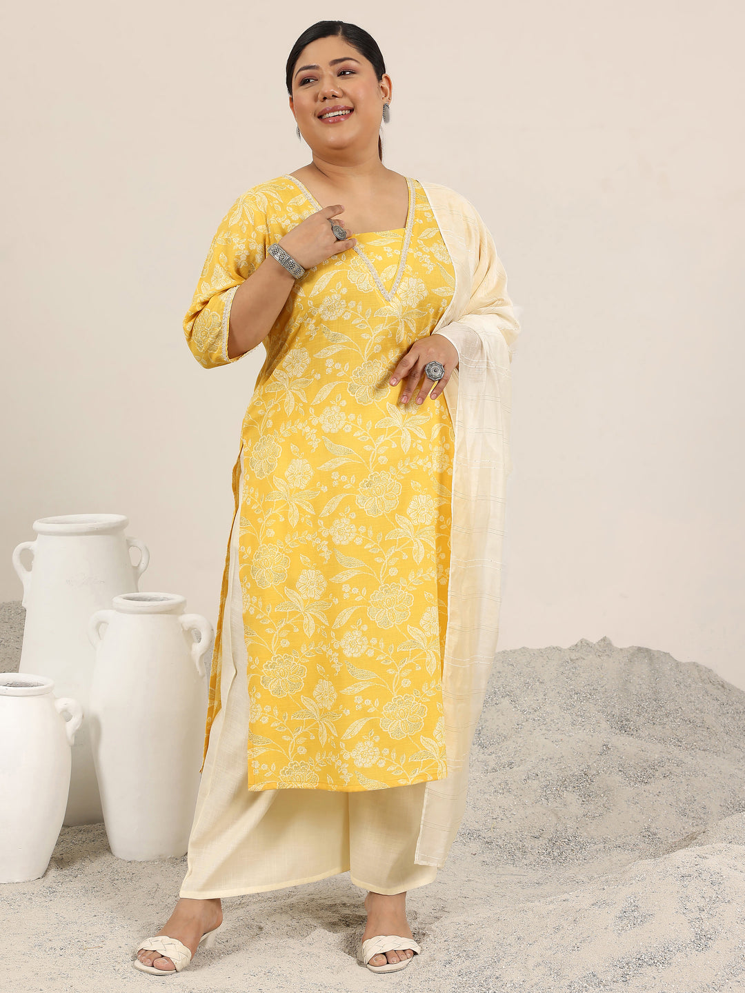  Plus Size Yellow Printed Cotton Blend Straight Suit Set With Dupatta 