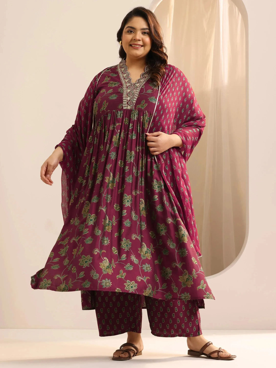  Plus Size Maroon Printed Silk Blend A-Line Suit Set With Dupatta 