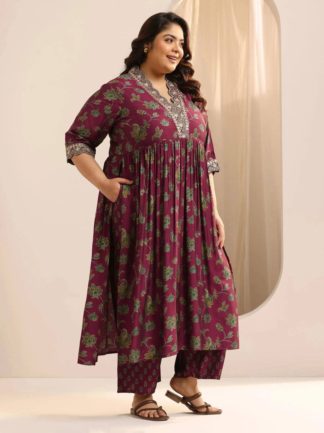  Plus Size Maroon Printed Silk Blend A-Line Suit Set With Dupatta 