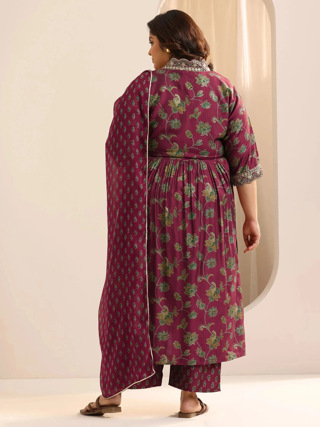  Plus Size Maroon Printed Silk Blend A-Line Suit Set With Dupatta 