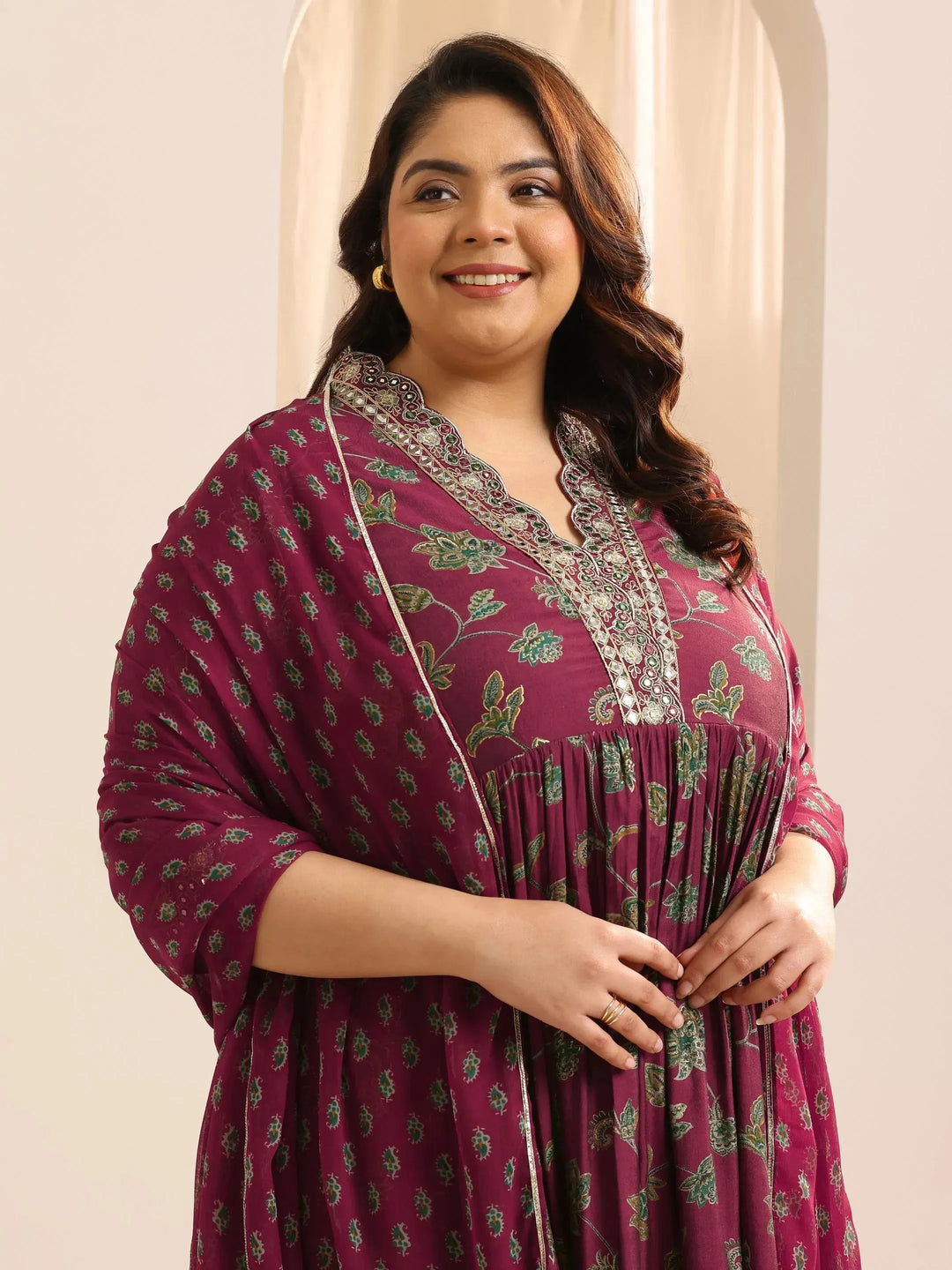  Plus Size Maroon Printed Silk Blend A-Line Suit Set With Dupatta 