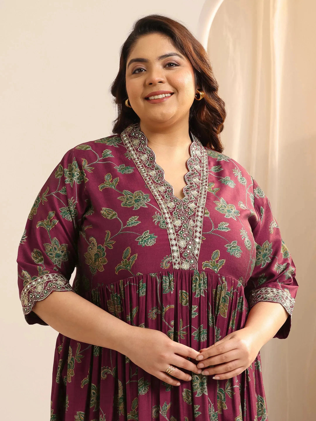  Plus Size Maroon Printed Silk Blend A-Line Suit Set With Dupatta 