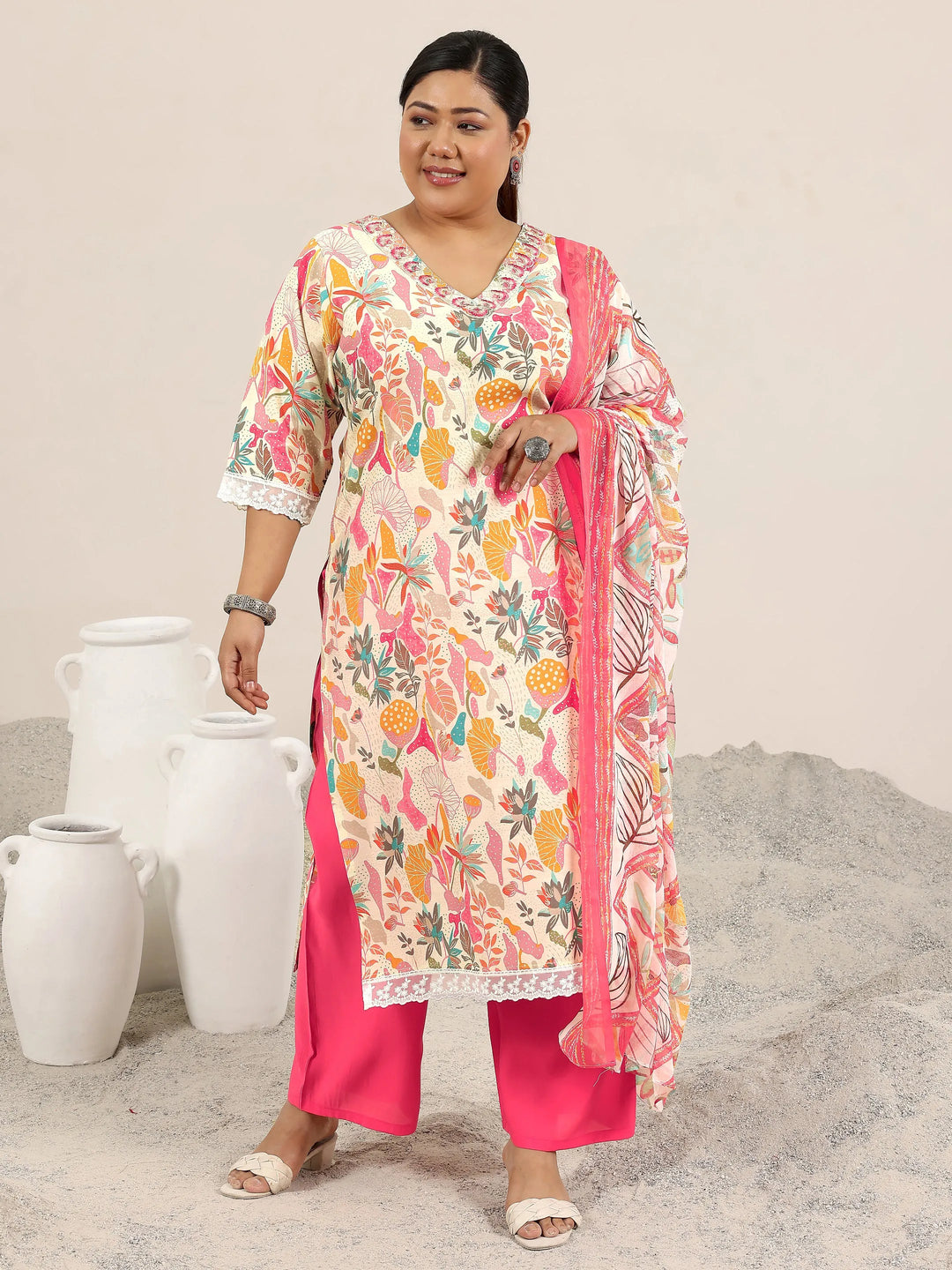  Plus Size Multi Printed Silk Blend Straight Suit Set With Dupatta 