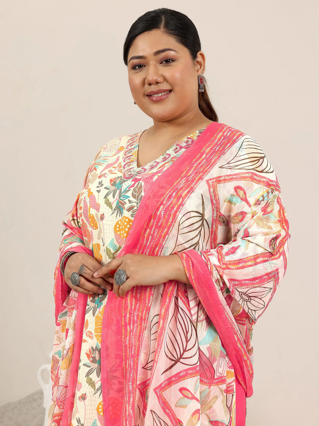  Plus Size Multi Printed Silk Blend Straight Suit Set With Dupatta 