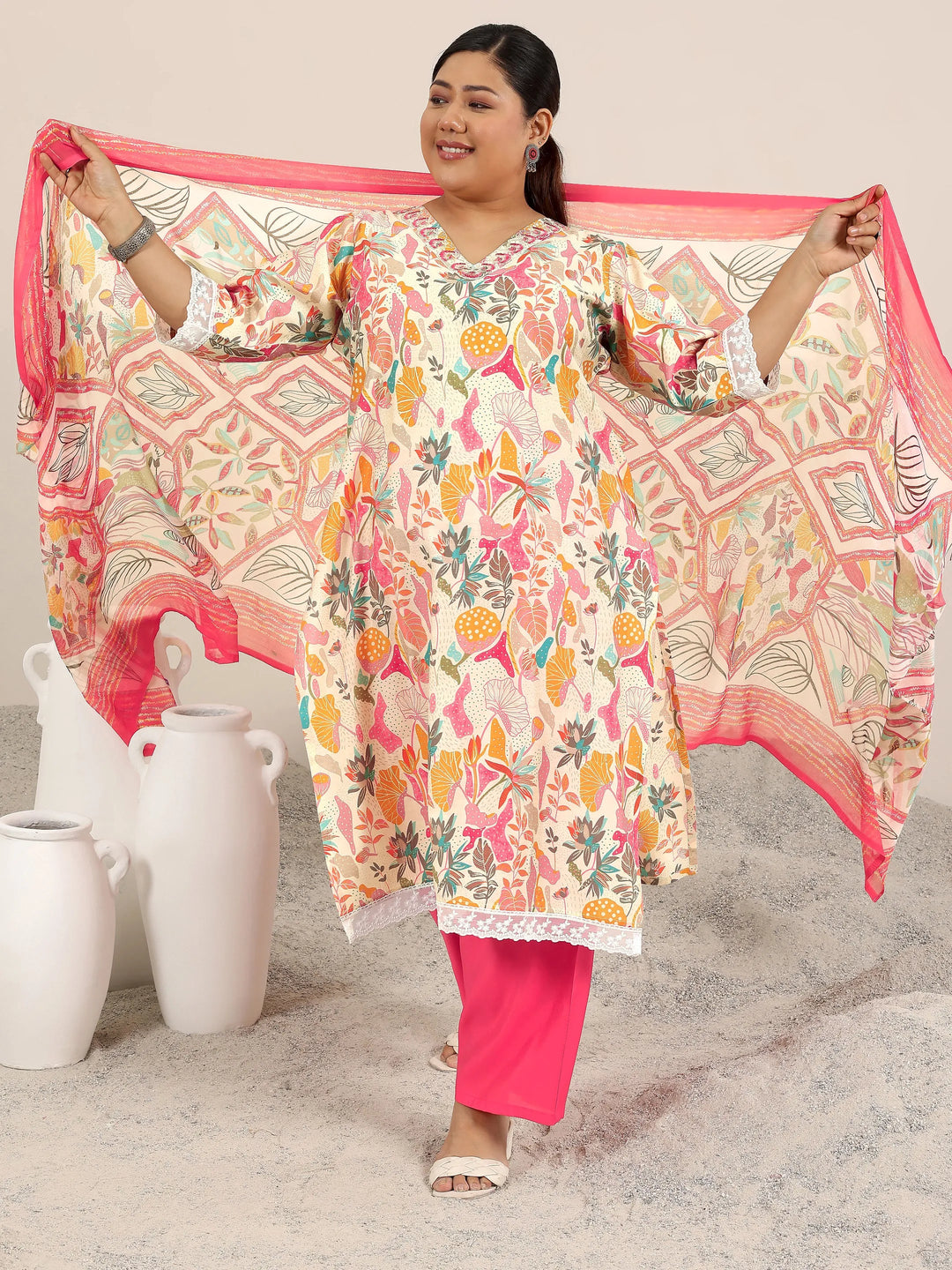 Plus Size Multi Printed Silk Blend Straight Suit Set With Dupatta