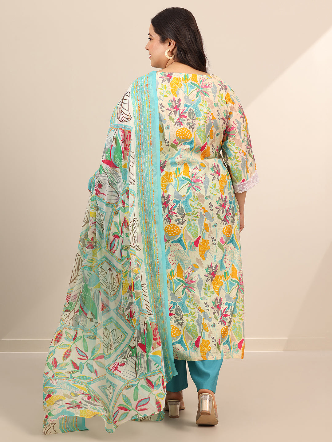  Plus Size Multi Printed Silk Blend Straight Suit Set With Dupatta 