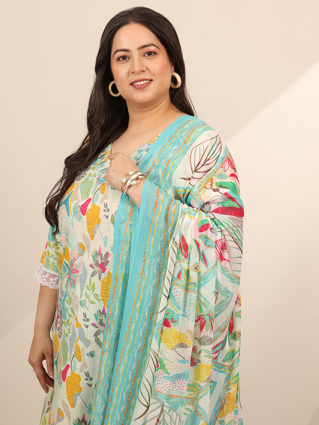  Plus Size Multi Printed Silk Blend Straight Suit Set With Dupatta 