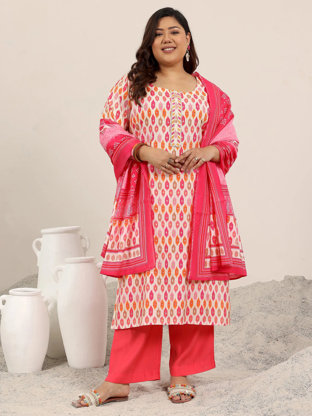 Plus Size Pink Printed Silk Blend Straight Suit Set With Dupatta