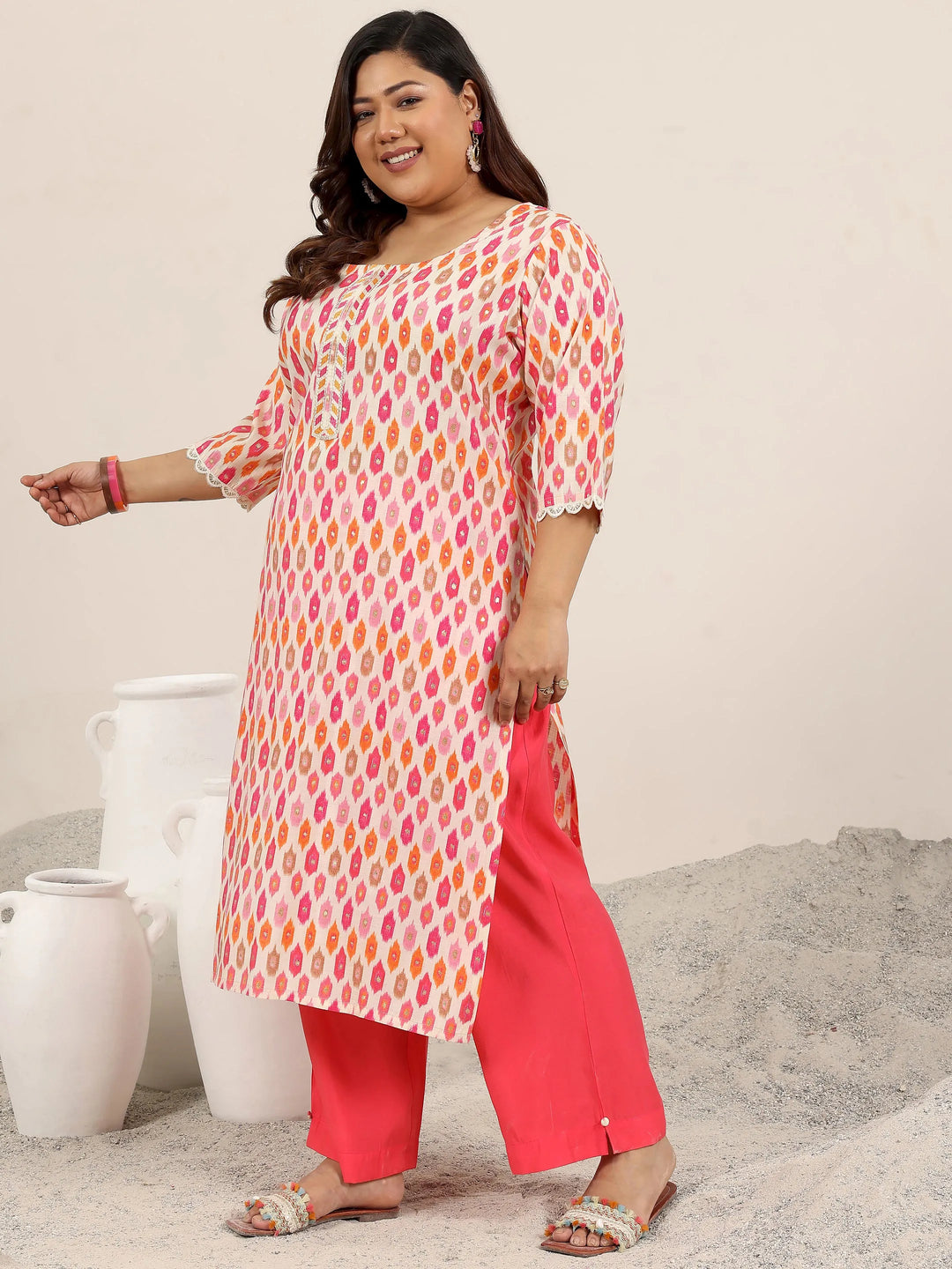  Plus Size Pink Printed Silk Blend Straight Suit Set With Dupatta 