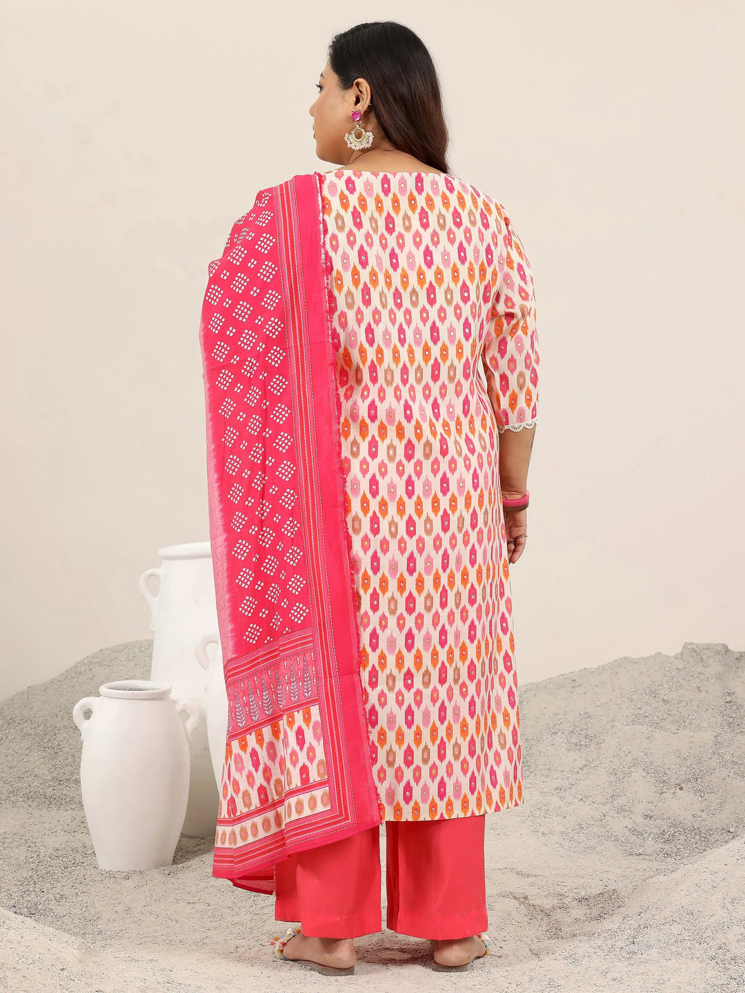 Plus Size Pink Printed Silk Blend Straight Suit Set With Dupatta 